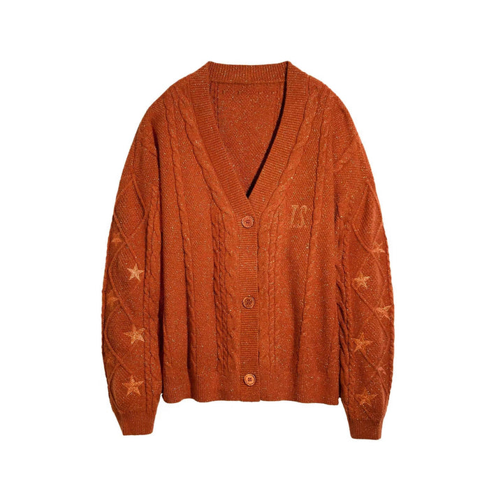 Damen nan großzügiger Grobstrick-Cardigan mit Zopfmuster, V-Ausschnitt und Sternstickereien Echo Archiv