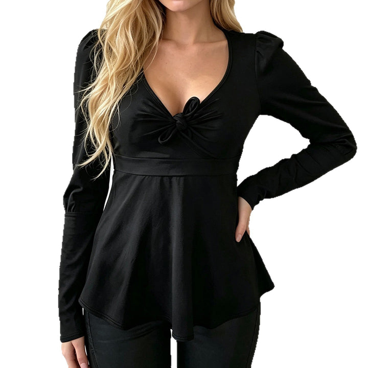 Damen Tailliertes Peplum-Top mit V-Ausschnitt, Knotendetail und Puffärmeln – Orélia