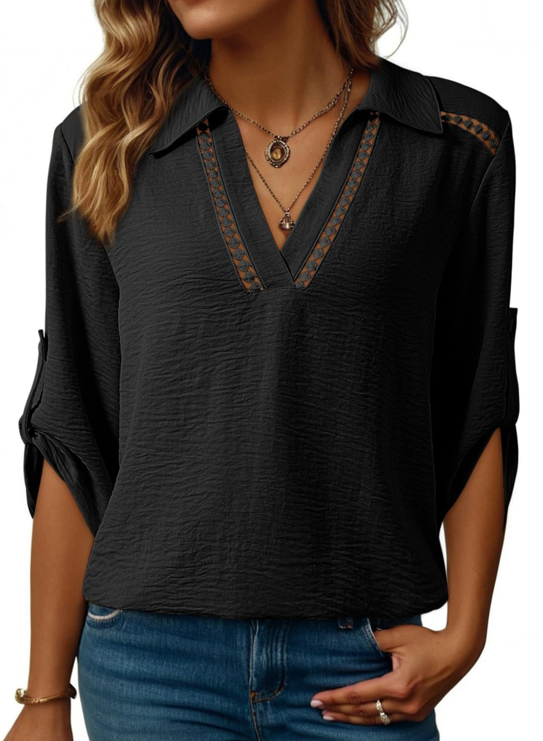 Damen Bluse mit V-Ausschnitt, gehäkelter Spitzenpasse und krempelbaren Dreiviertelärmeln – Élovi