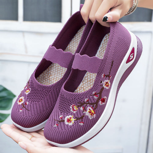 Damen nan bestickter gestrickter Slip-On Sneaker mit Mary-Jane Riemen und stoßdämpfender EVA-Sohle Echo Archiv