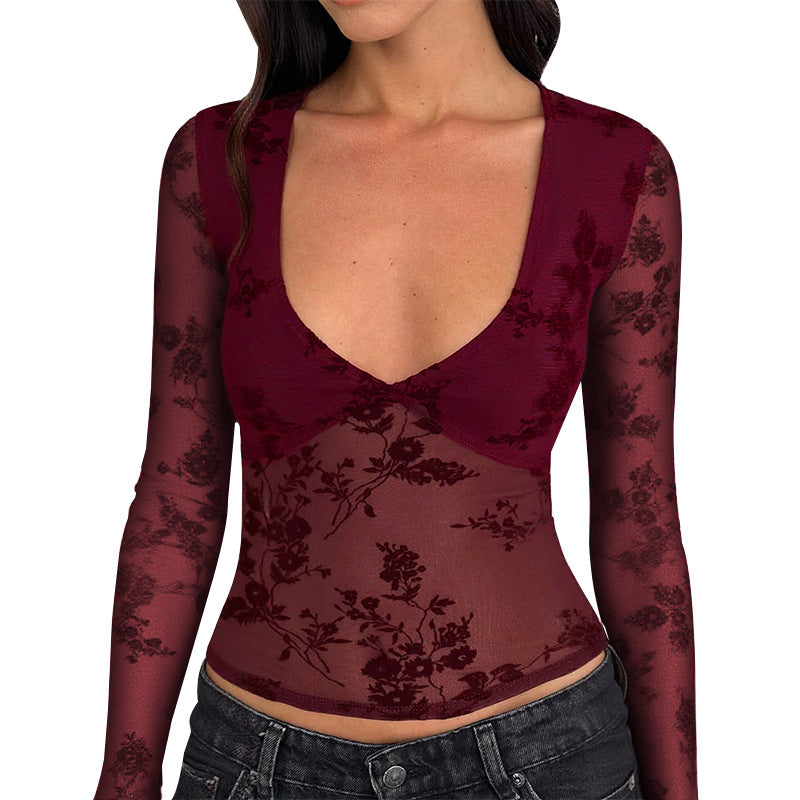 Damen Spitzenoberteil mit tiefem V-Ausschnitt und floralem Design Echo Archiv