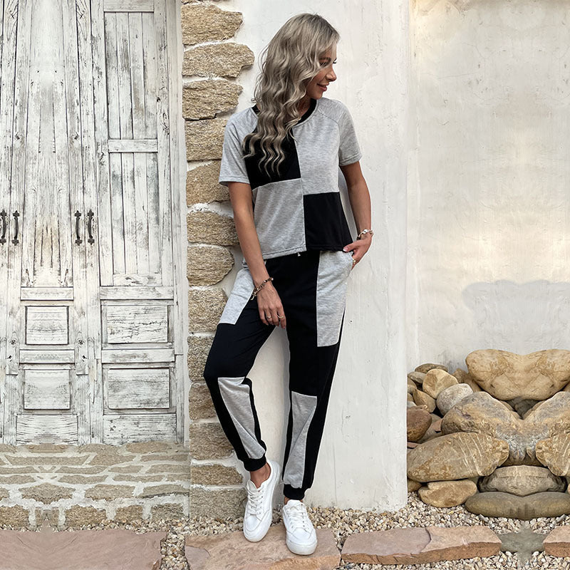 Damen Zweiteiler Freizeit-Set aus Baumwollmix mit Colorblock-Shirt und Jogginghose – Élanora