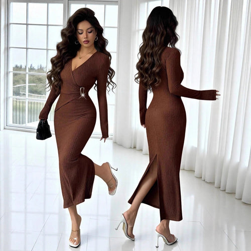 Damen nan tailliertes Wickelkleid mit V-Ausschnitt, strukturierter Knitteroptik und dekorativer Gürtelschließe Echo Archiv