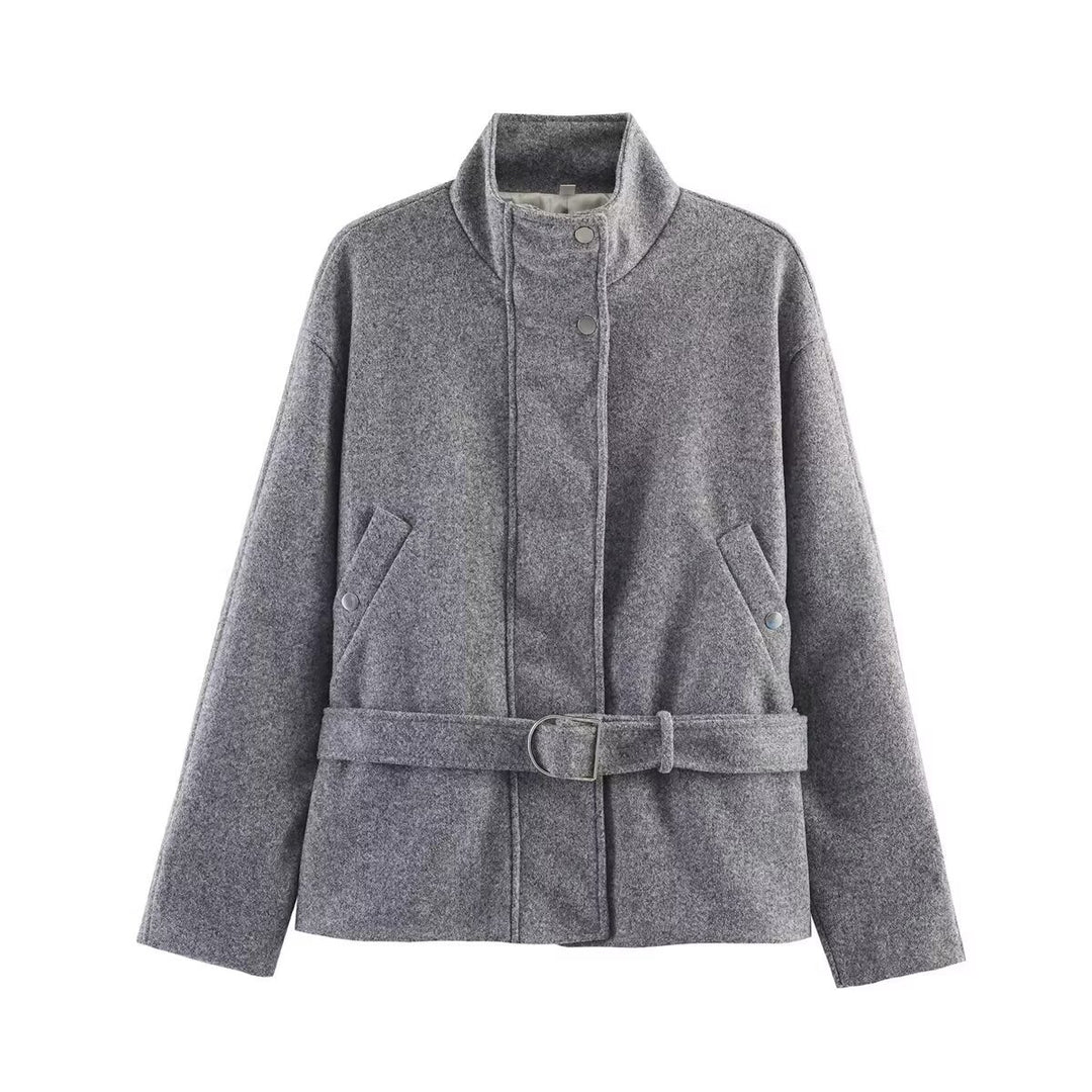 Damen Kurze Wollmix-Übergangsjacke mit Taillengürtel und Stehkragen Echoarchiv