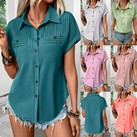 Damen Kurzarm-Bluse mit feiner Faltenpasse, Brusttaschen und Kentkragen Echo Archiv