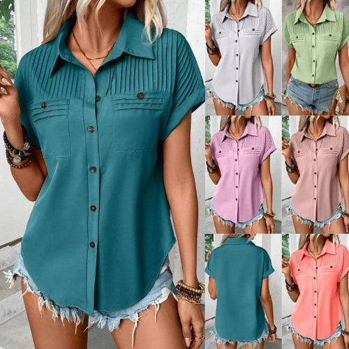 Damen Kurzarm-Bluse mit feiner Faltenpasse, Brusttaschen und Kentkragen Echo Archiv