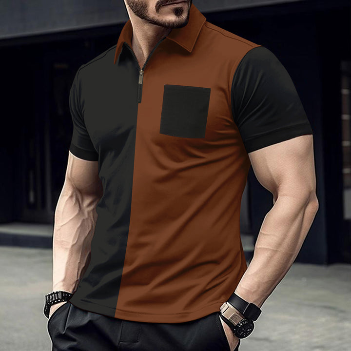 Herren Polohemd mit kurzem Reißverschluss und stilvollem Farbblockdesign Echoarchiv
