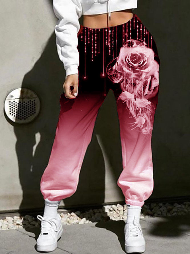 Damen Hohe Taille Jogginghosen mit Ombre-Gradient, Smoke Rose Druck und Elastischen Bündchen – Avélisse