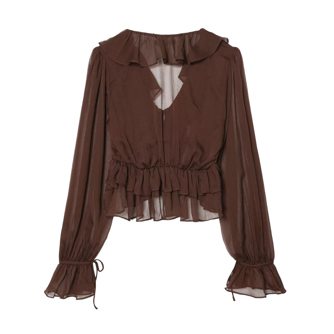 Damen Chiffon-Croppedbluse mit Rüschenvolant, Bindeband und Ballonärmeln Echo Archiv