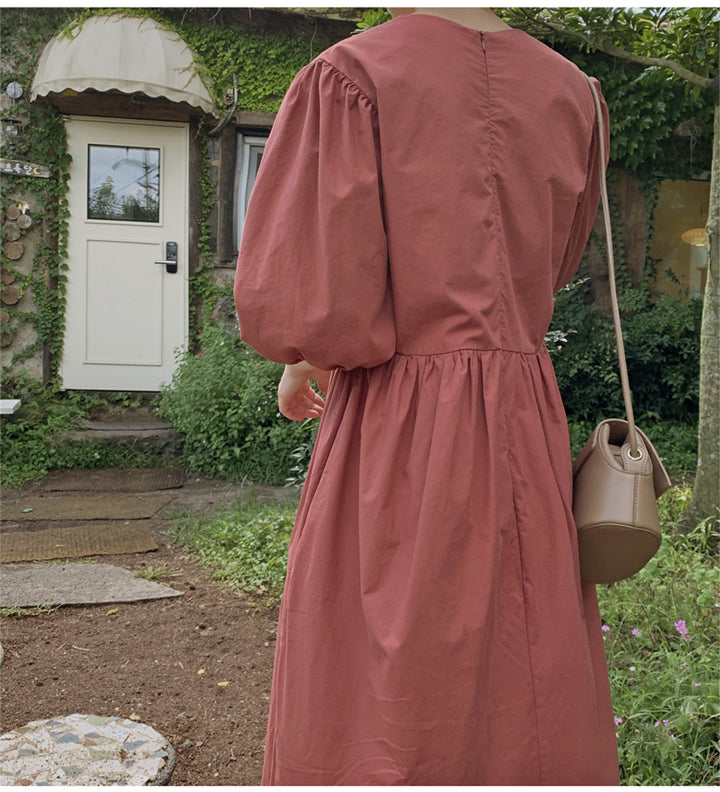 Damen Maxikleid mit V-Ausschnitt, geraffter Taillennaht und voluminösen dreiviertel-Ärmeln – Valéora