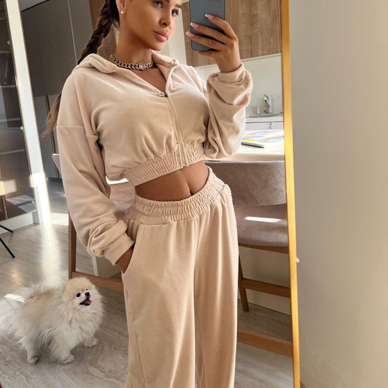 Damen nan kurzes Samt Trainingsset mit Reißverschluss Hoodie und weiter Bund Jogginghose Echo Archiv