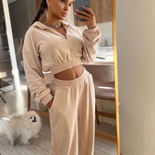 Damen nan kurzes Samt Trainingsset mit Reißverschluss Hoodie und weiter Bund Jogginghose Echo Archiv