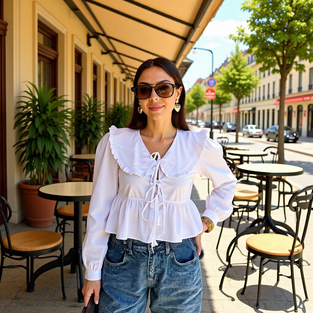 Damen Rüschige Cropped-Bluse mit übergroßem Kragen, Bindebändern und tailliertem Peplum Echo Archiv