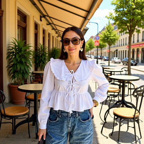 Damen Rüschige Cropped-Bluse mit übergroßem Kragen, Bindebändern und tailliertem Peplum Echo Archiv