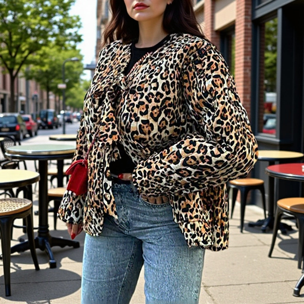 Damen Leichte Blousonjacke im Leopardenprint mit Bindebändern und aufgesetzten Taschen Echo Archiv