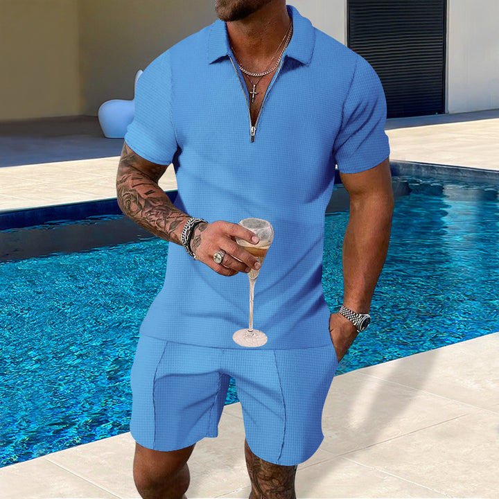 Herren lässiges Polo- und Shorts-Set mit Reißverschluss und strukturierter Oberfläche Echoarchiv