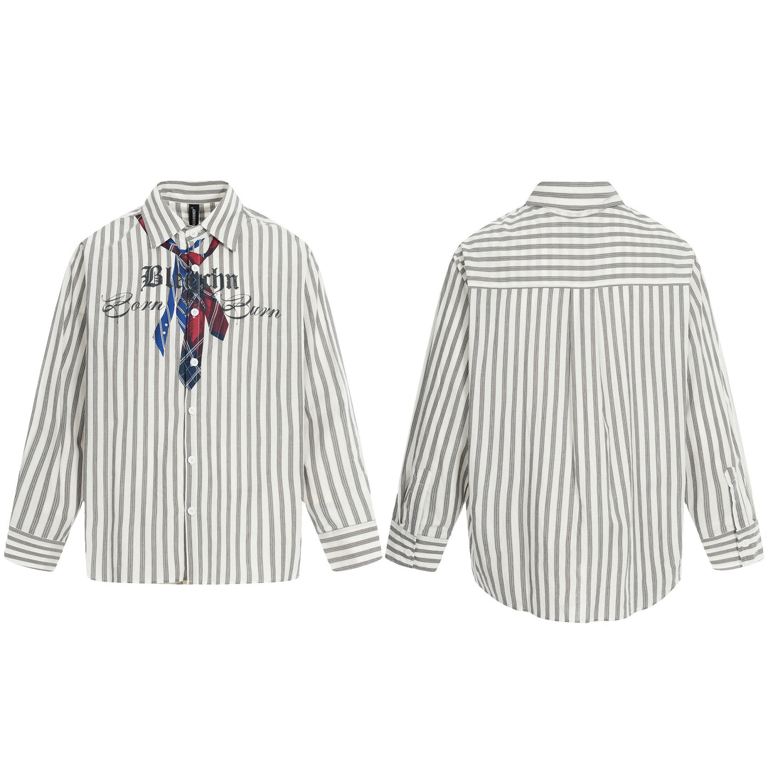 Damen Oversize-Hemd mit Längsstreifen, Krawatten-Print und Vintage-Schriftzug Echoarchiv