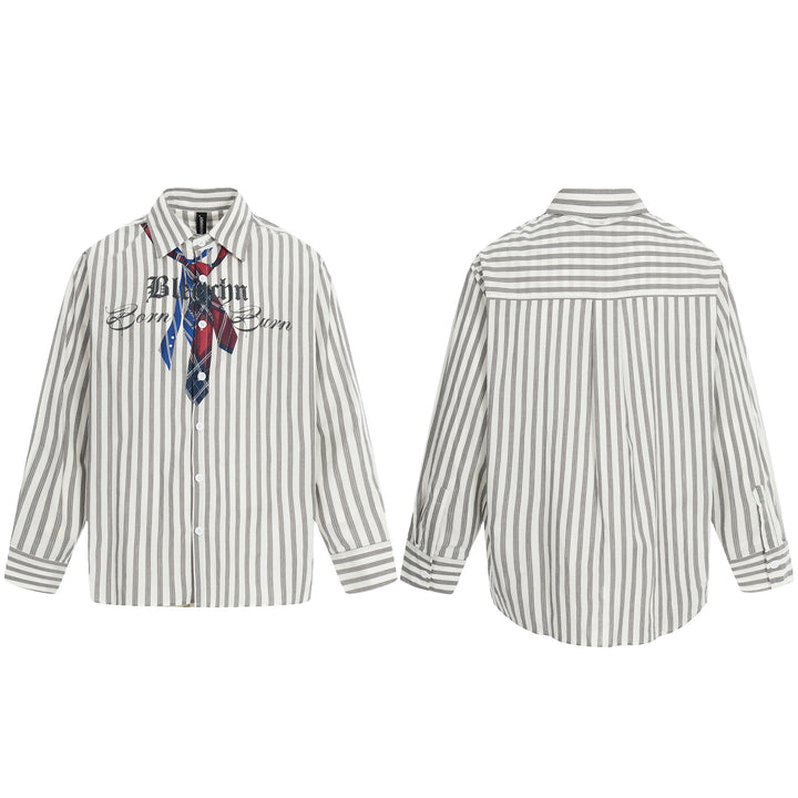 Damen Oversize-Hemd mit Längsstreifen, Krawatten-Print und Vintage-Schriftzug Echoarchiv