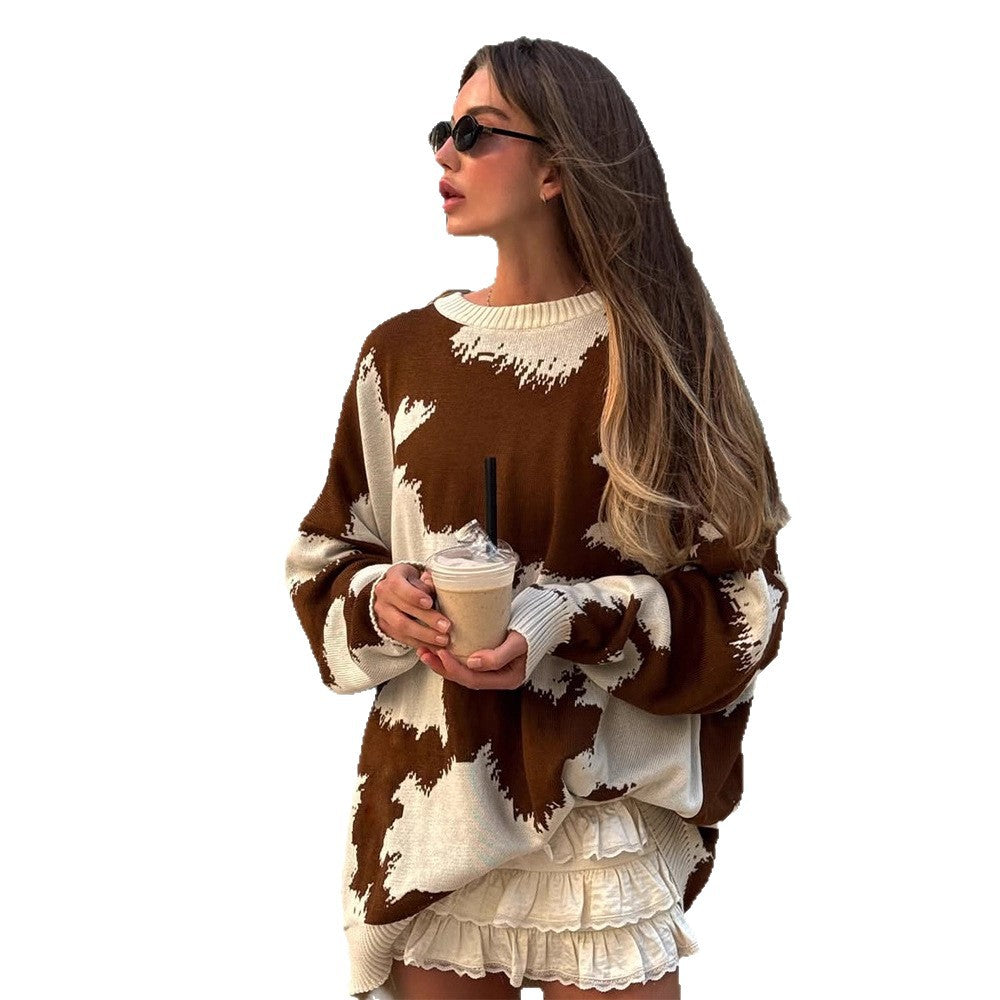 Damen Oversized Strickpullover mit abstraktem Fleckenmuster und Rippbündchen Echoarchiv