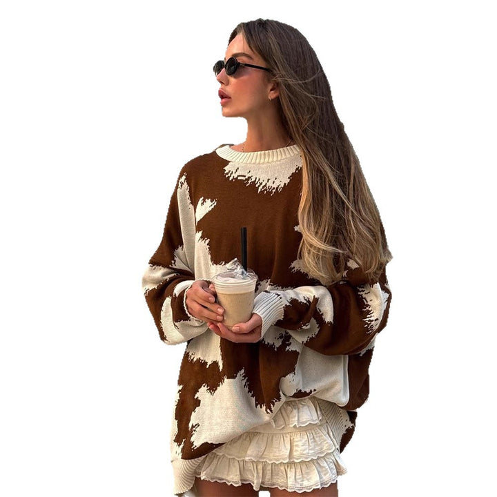 Damen Oversized Strickpullover mit abstraktem Fleckenmuster und Rippbündchen Echoarchiv