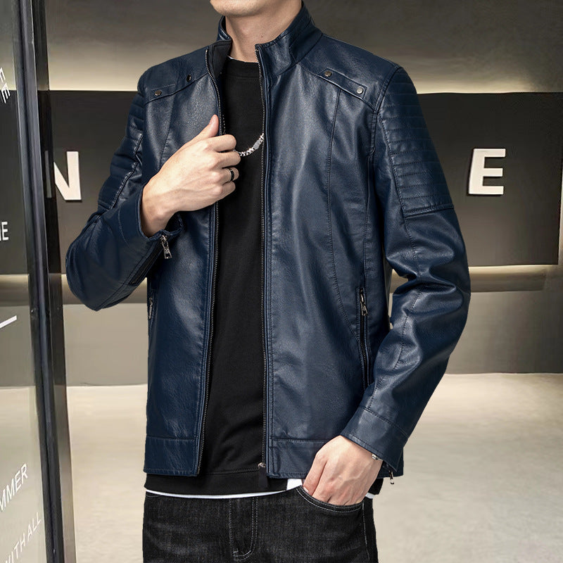 Herren Slim-Fit Kunstleder-Bikerjacke mit Stehkragen und Reißverschlusstaschen Echo Archiv