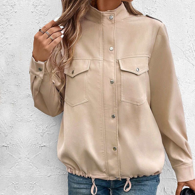 Damen Oversize-Hemdjacke Shacket mit Druckknopf‑Front, Brusttaschen und Zwei-Wege-Reißverschluss – Célinea