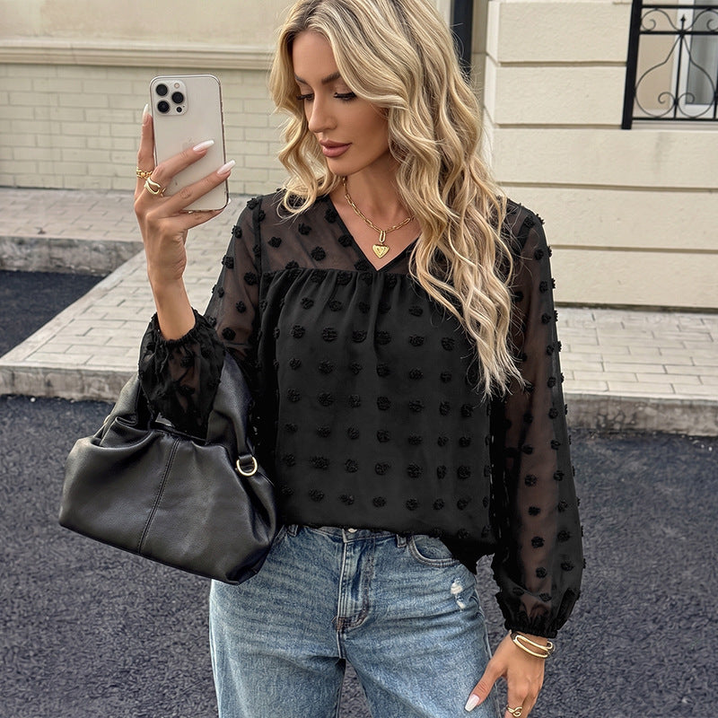 Damen Elegante Chiffonbluse mit 3D-Pompon-Applikation, V-Ausschnitt und elastischen Manschetten – Élovi