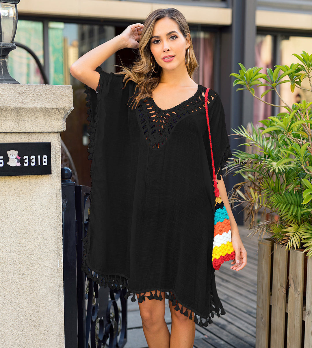 Damen luftiger Kaftan mit Fransen Echo Archiv