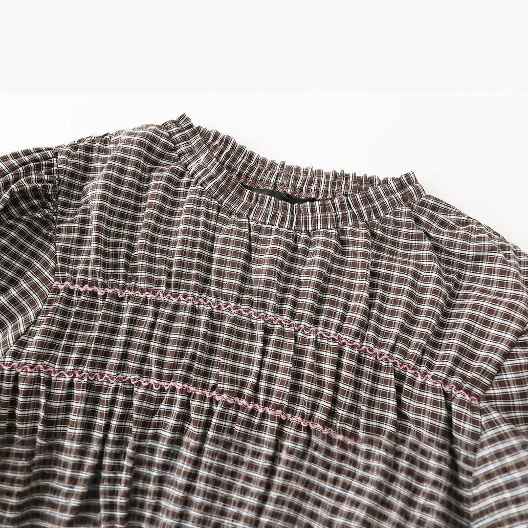 Damen Kariertes Smock-Tunika-Top mit Volantbund und Puffärmeln Echo Archiv