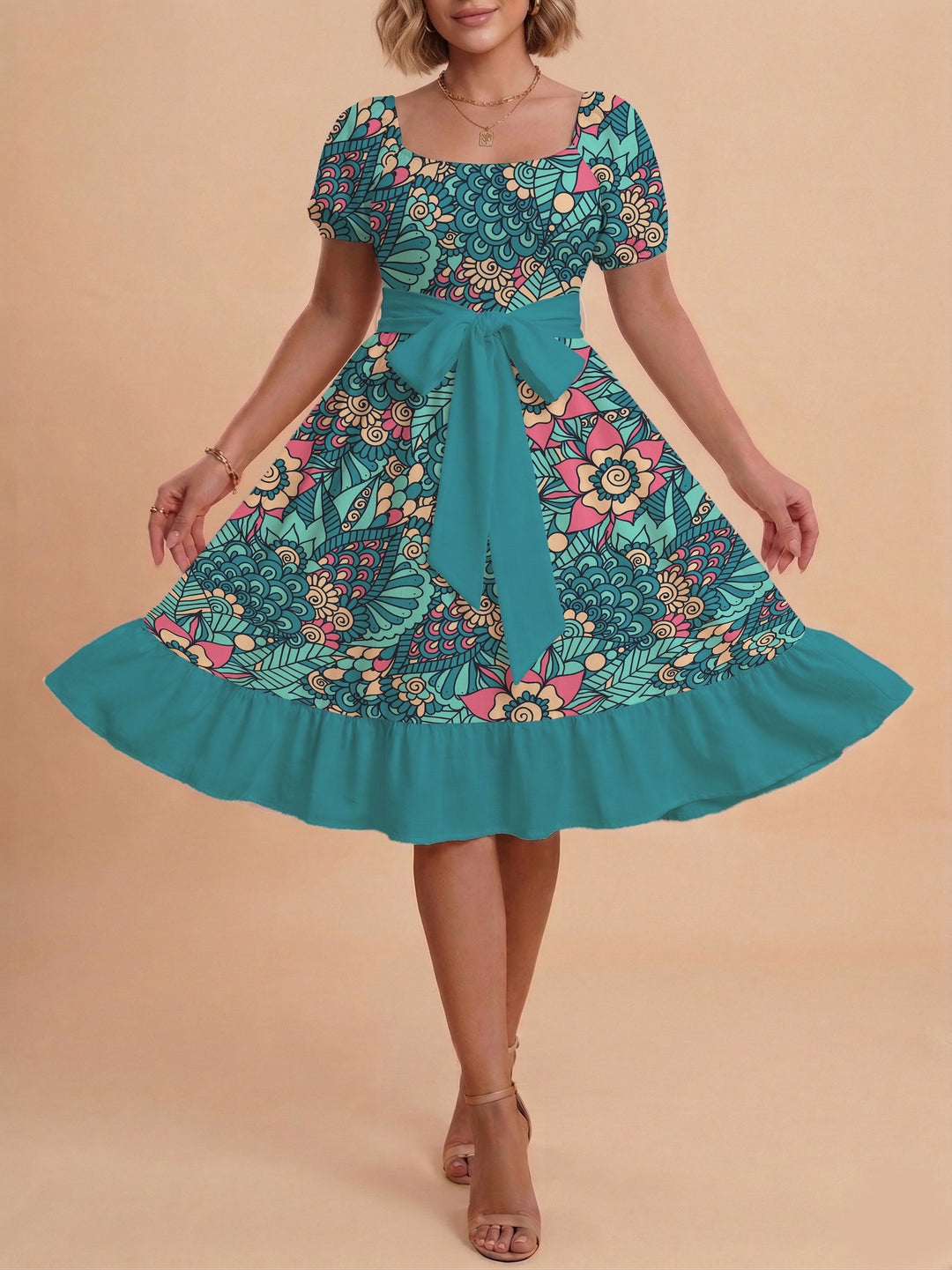 Damen modernes Blumenkleid mit elegantem Taillengürtel und asymmetrischem Saum Echo Archiv