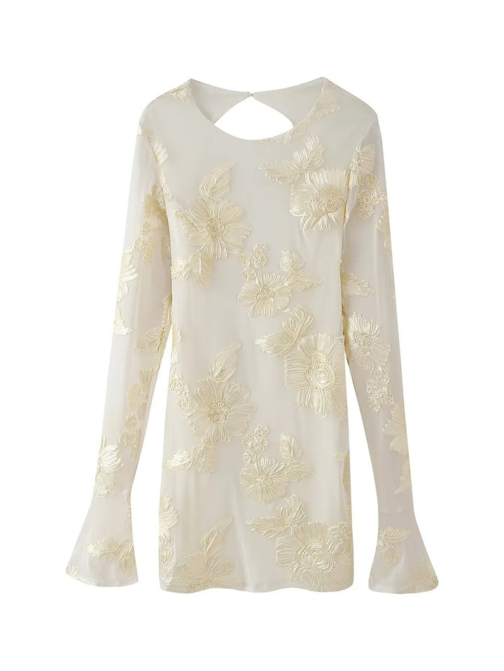 Damen bestickte Chiffonbluse mit floraler 3D-Applikation, Cut-Out Rücken und ausgestellten Manschetten – Élovi