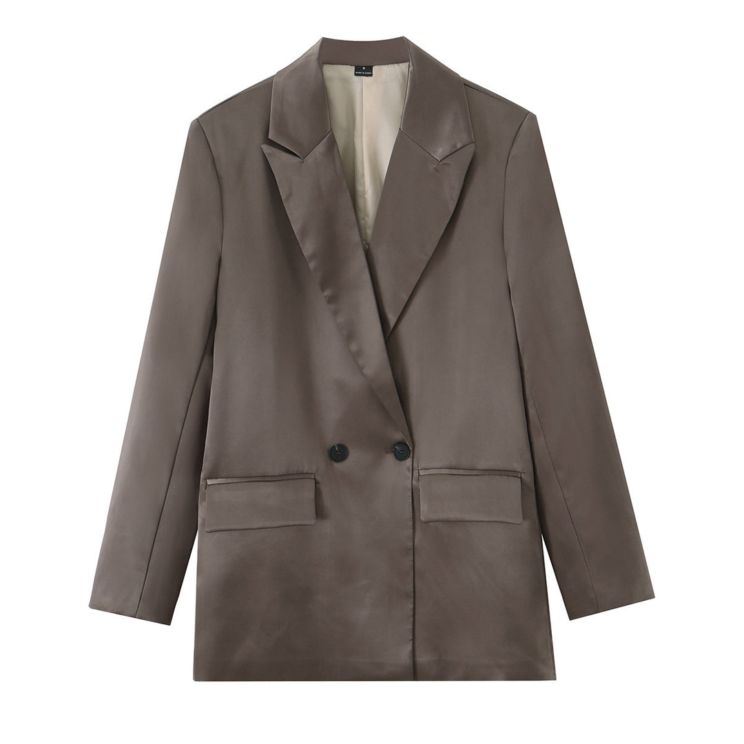 Damen Satin-Longblazer mit doppelreihiger Knopfleiste, Schalkragen und Pattentaschen Echo Archiv