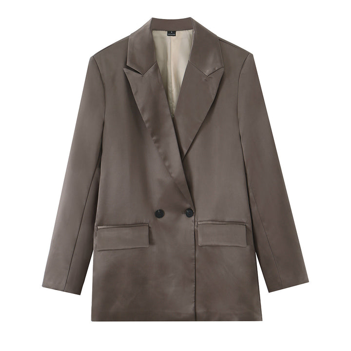 Damen Satin-Longblazer mit doppelreihiger Knopfleiste, Schalkragen und Pattentaschen Echo Archiv