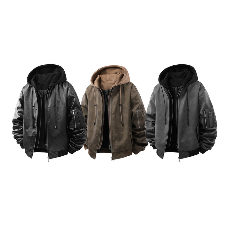 Herren Oversized Kunstleder-Bomberjacke mit Kapuze, Ärmeltasche und Reißverschluss Echo Archiv