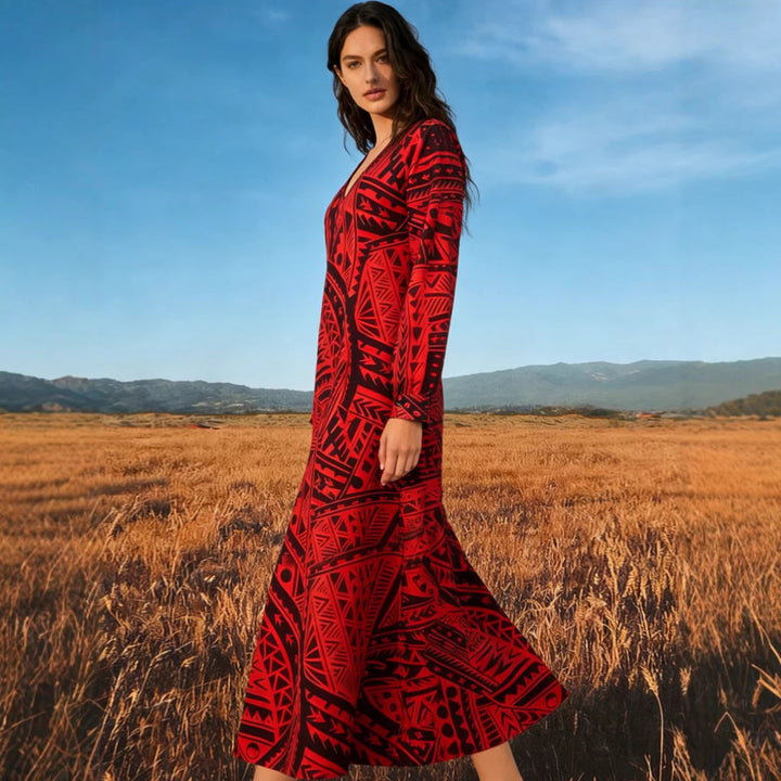 Damen Fließendes Maxikleid mit V-Ausschnitt, allover-geometrischem Print und weiter A-Linie – Valéora