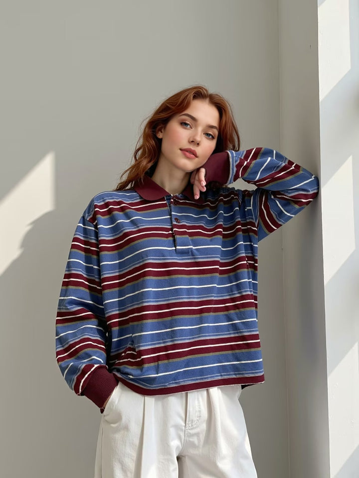 Damen Gestreiftes Poloshirt‑Sweatshirt aus Baumwollmix mit Kontrastkragen und gerippten Bündchen Echoarchiv