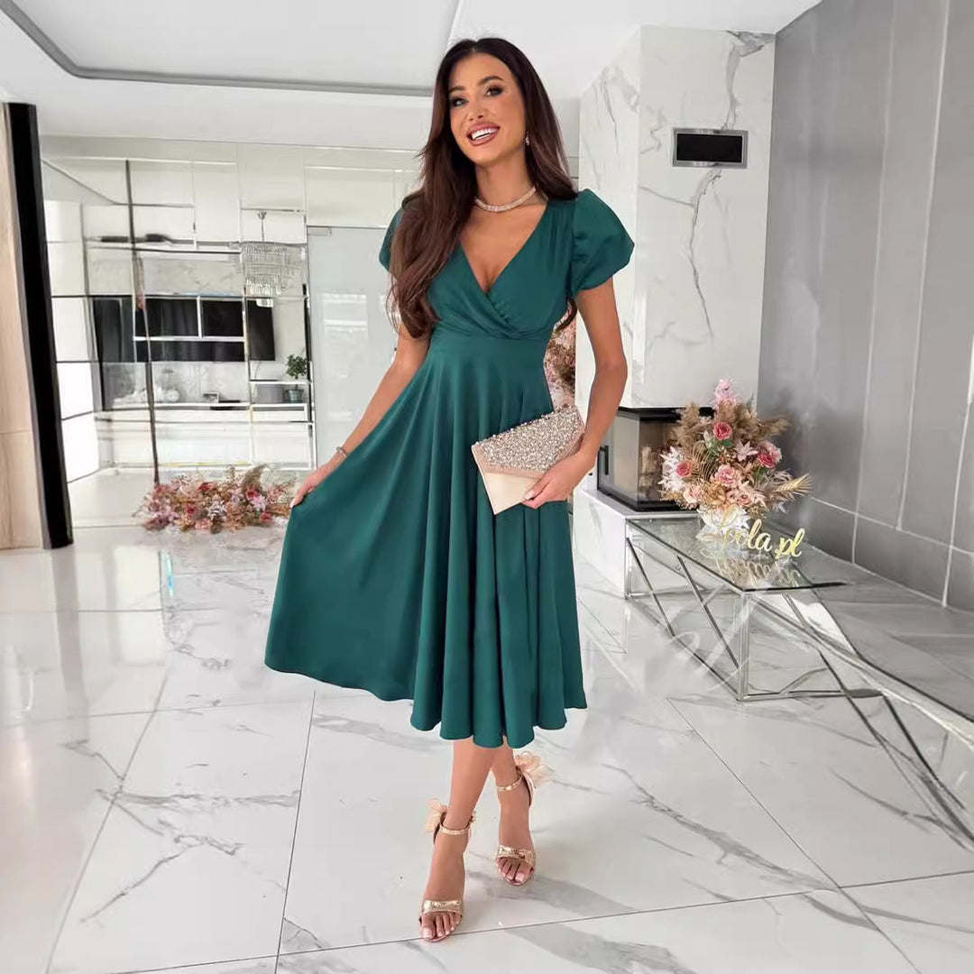Damen A-Linie Kleid mit Puffärmeln und schmalem V-Ausschnitt – Élara