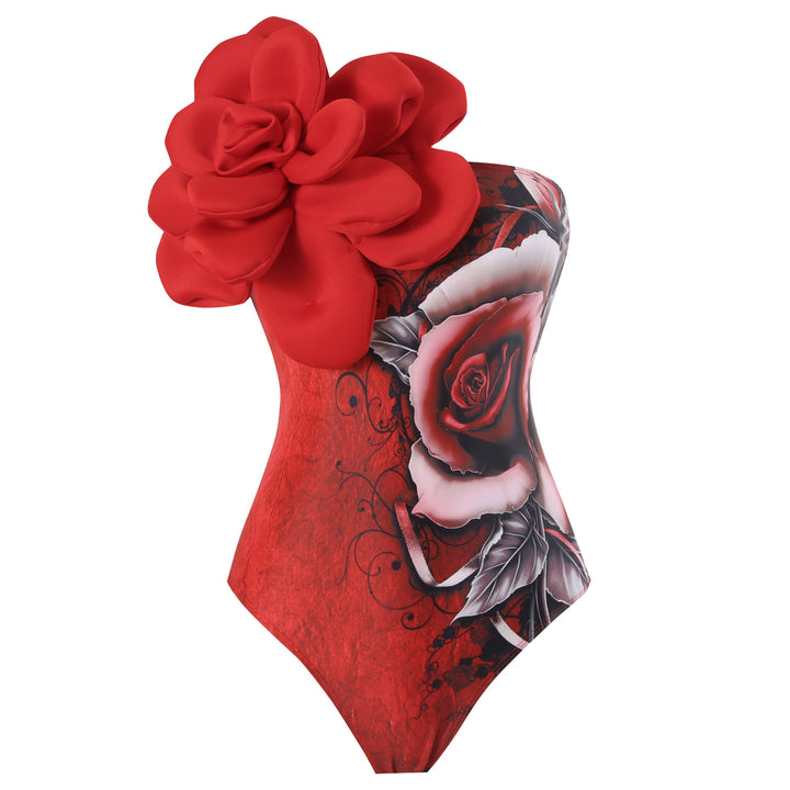 Damen Eleganter Badeanzug mit großem Blumen-Detail und transparentem Überrock Echo Archiv