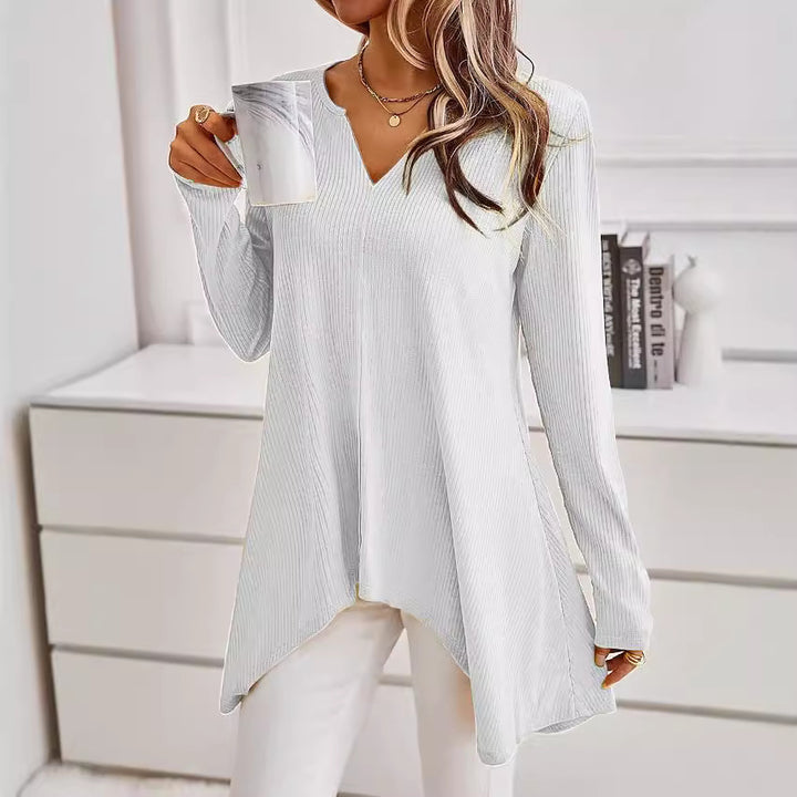 Damen Ripp Longsleeve Tunika mit V-Ausschnitt und asymmetrischem Haifischsaum Echoarchiv