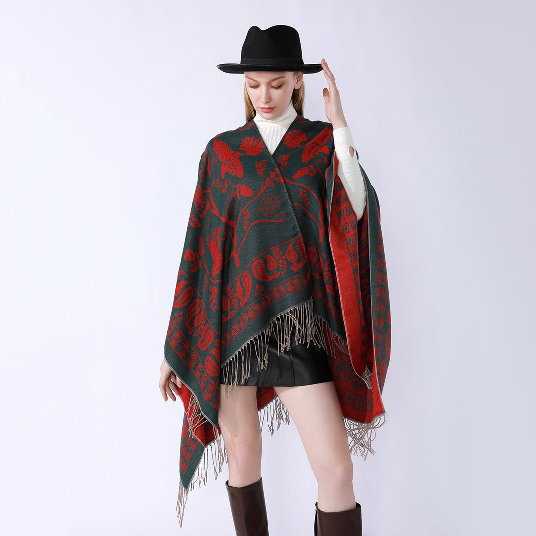Damen Jacquard-Poncho im Oversize-Kaftan mit floraler und Vogelornamentik Echo Archiv