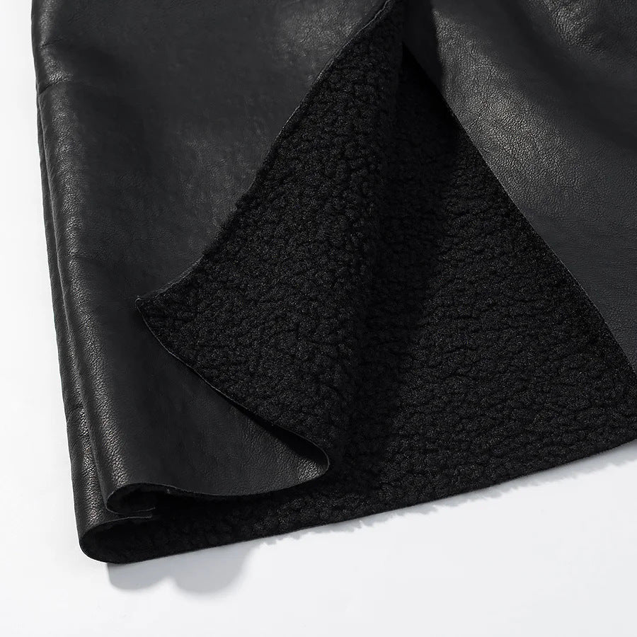 Damen langer Kunstleder‑Mantel mit Teddyfutter, weitem Schalkragen und Bindegürtel – Montévia