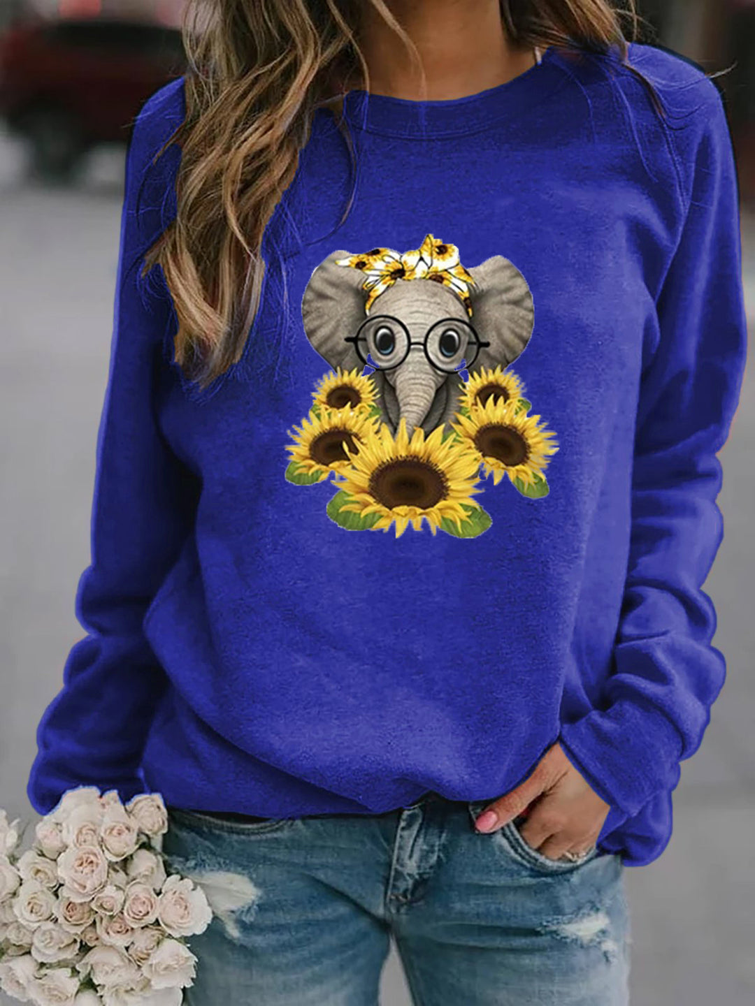 Damen-Sweatshirt mit Elefantenprint, Sonnenblumenmotiv und weichem Fleece – Mavelle