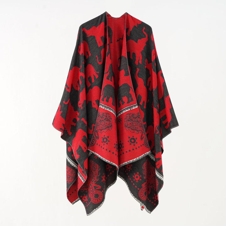 Damen Jacquard‑Ruana mit Elefantenmotiv und ornamentaler Bordüre – Avelisse