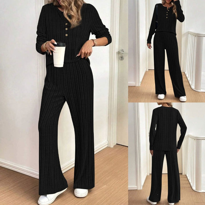 Damen Geripptes Lounge-Zweiteiler mit Henley-Top und weiter Palazzohose – Élanora