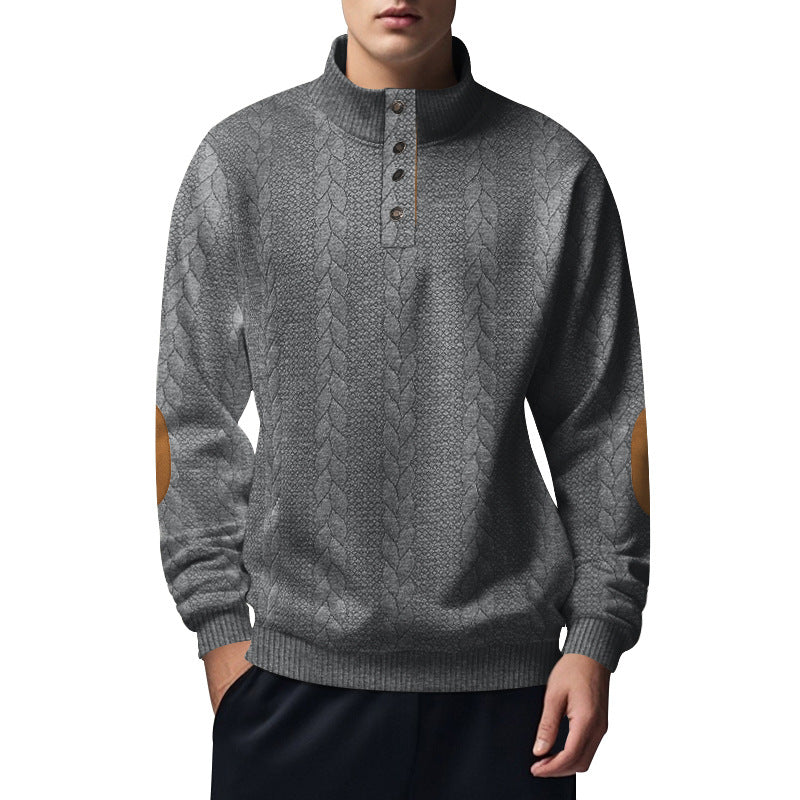 Herren nan strukturiertes Kabelstrick-Henley-Pullover mit Stehkragen und Ellbogenpatches Echo Archiv