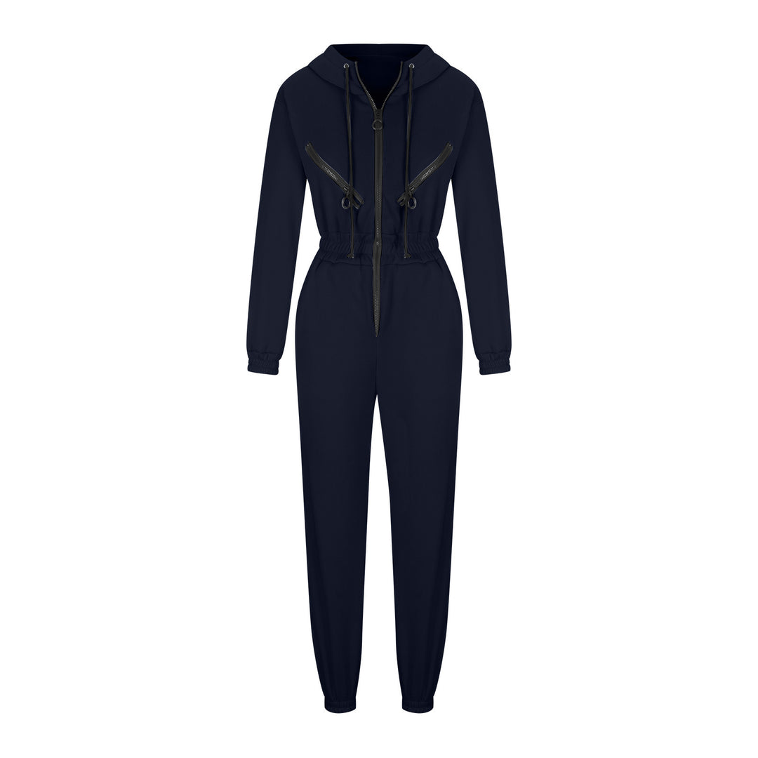 Damen taillierter Kapuzen-Jumpsuit mit elastischem Bund und markanten Kontrast-Reißverschlüssen – Solévia