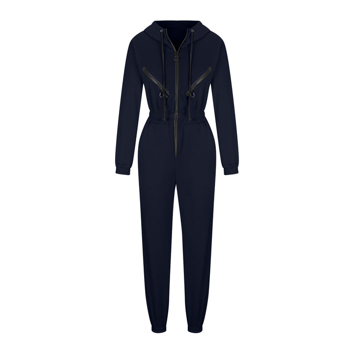 Damen taillierter Kapuzen-Jumpsuit mit elastischem Bund und markanten Kontrast-Reißverschlüssen – Solévia