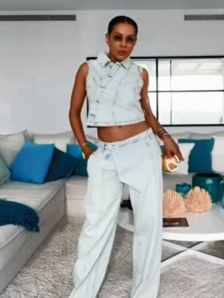 Damen Gekürztes ärmelloses Denim-Set mit taillierter Weste & weiter High-Waist-Hose Echoarchiv