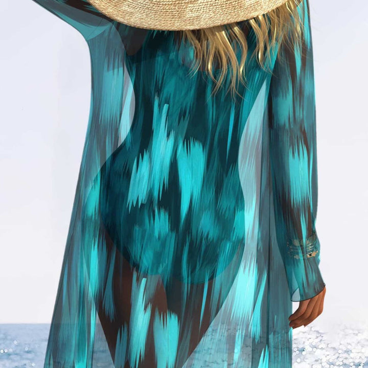 Damen Einteiliger Schwimmanzug mit transparentem Überwurf und modernem Wellenmuster Echo Archiv