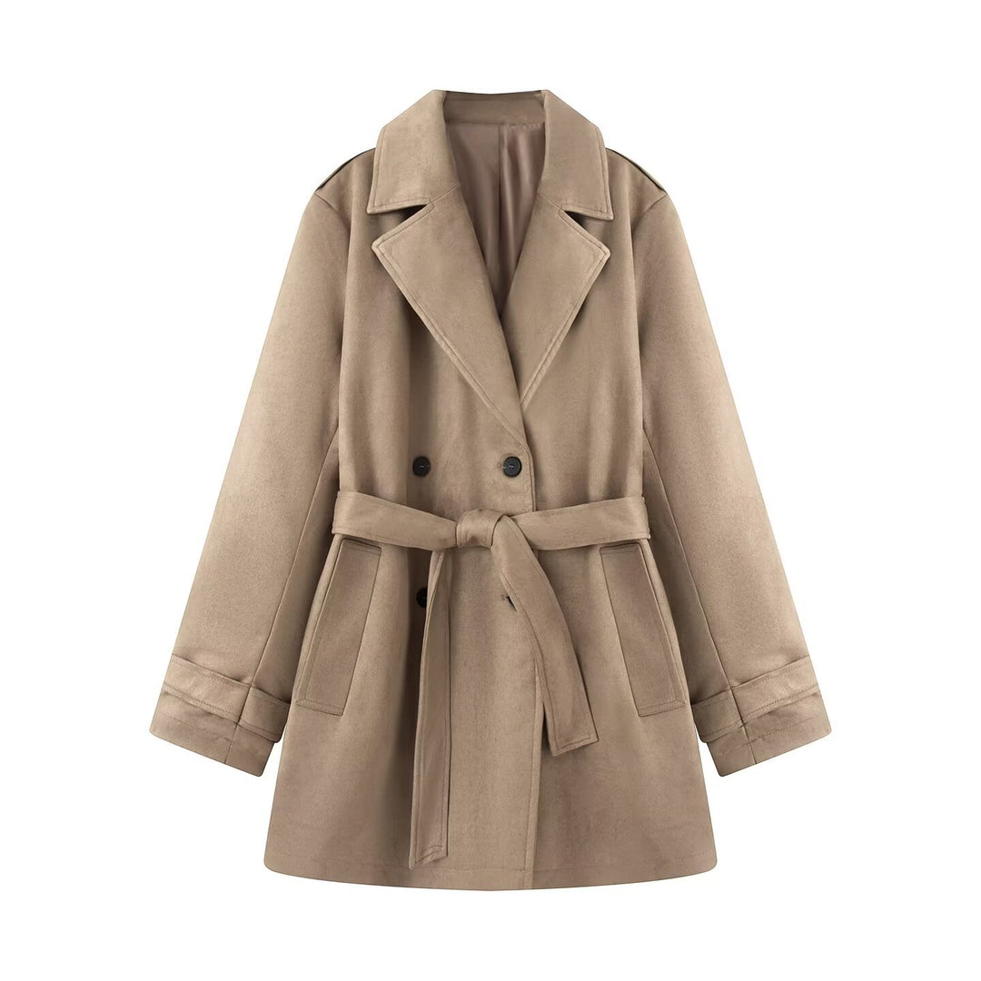 Damen Taillierter Wildlederoptik-Trenchcoat mit Bindegürtel und doppelreihiger Knopfleiste Echo Archiv